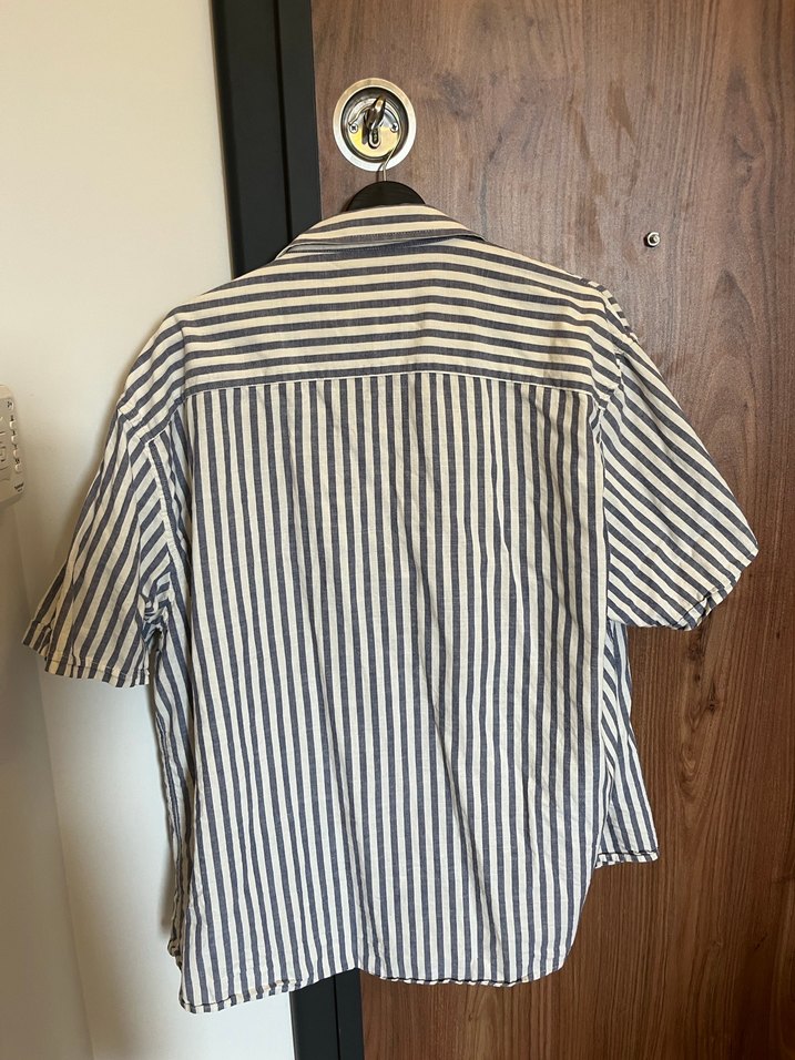 Mavi Çizgili Keten Kısa Kollu Erkek Gömlek - Görsel 3