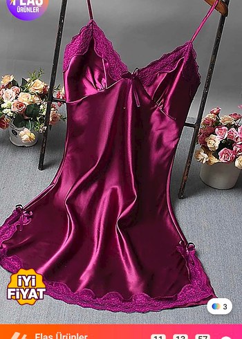Bordo İşlemeli Mini Saten Gecelik