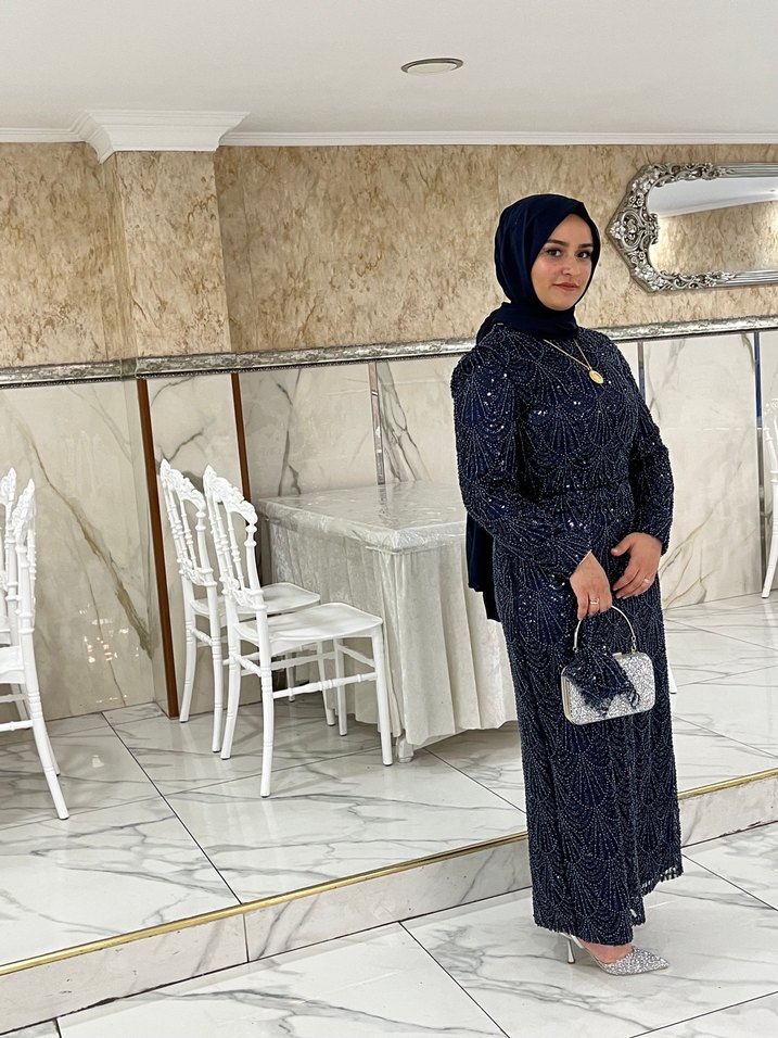 Lacivert yoğun taşlı tesettür Abiye Elbise - Görsel 2