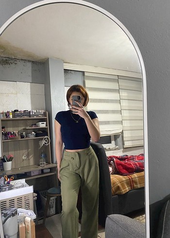 Kadın Haki Regular Fit Midi kumaş pantolon - Görsel 4