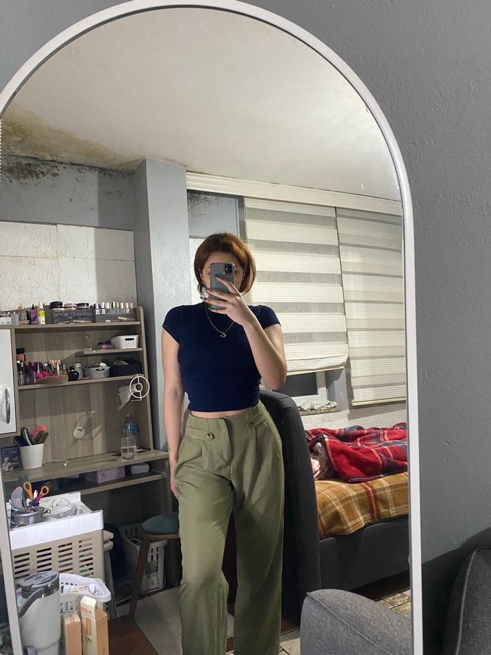 Kadın Haki Regular Fit Midi kumaş pantolon - Görsel 4