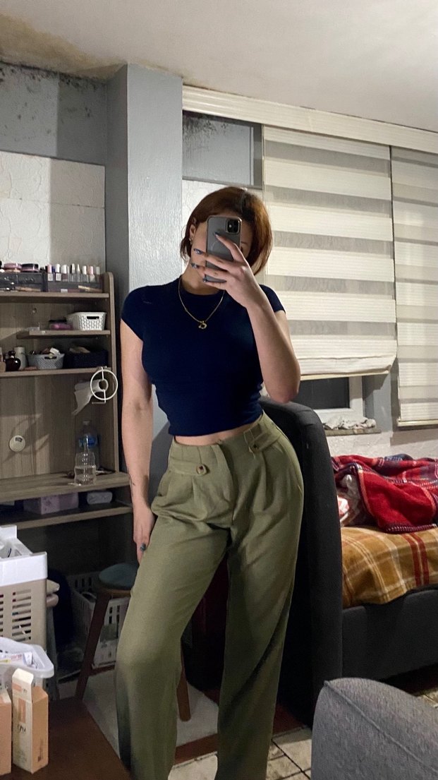 Kadın Haki Regular Fit Midi kumaş pantolon - Görsel 3