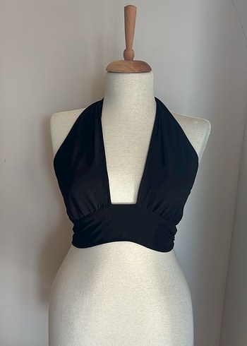 s Beden Siyah Drapeli Halter Mini Crop Top