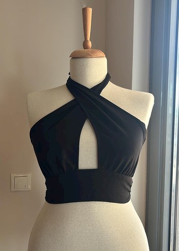 Siyah Drapeli Halter Mini Crop Top