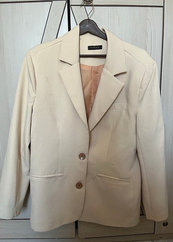 Düğmeli Bej Keten Kadın Blazer