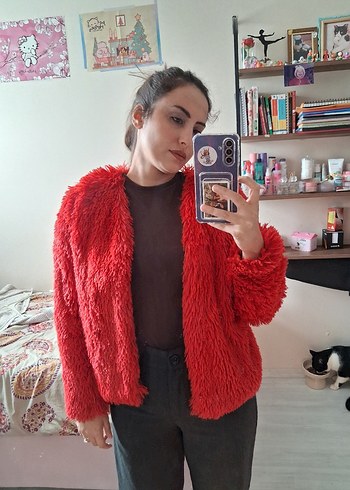 Kırmızı Kadın Peluş Kürk Ceket - Görsel 5