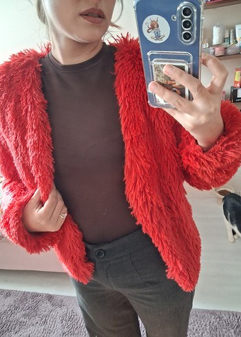 Kırmızı Kadın Peluş Kürk Ceket - Görsel 7