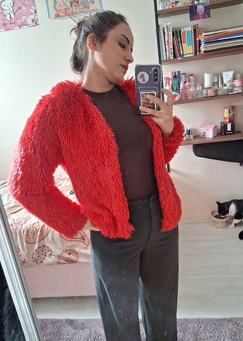 Kırmızı Kadın Peluş Kürk Ceket - Görsel 6