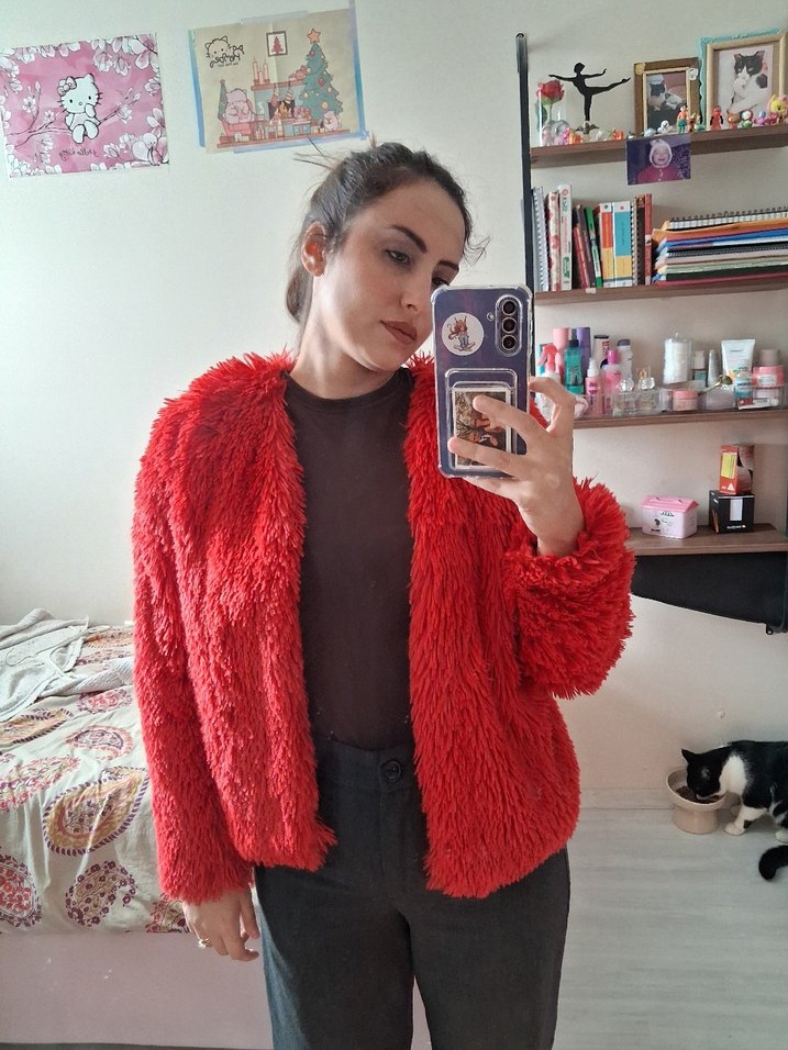 Kırmızı Kadın Peluş Kürk Ceket - Görsel 5
