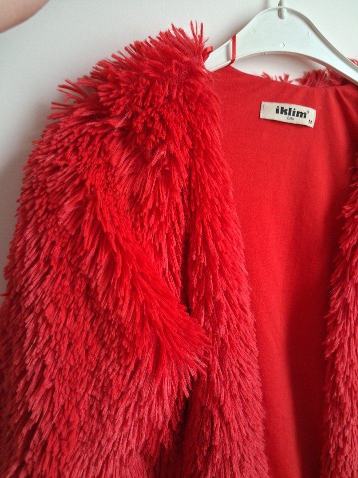 Kırmızı Kadın Peluş Kürk Ceket - Görsel 2
