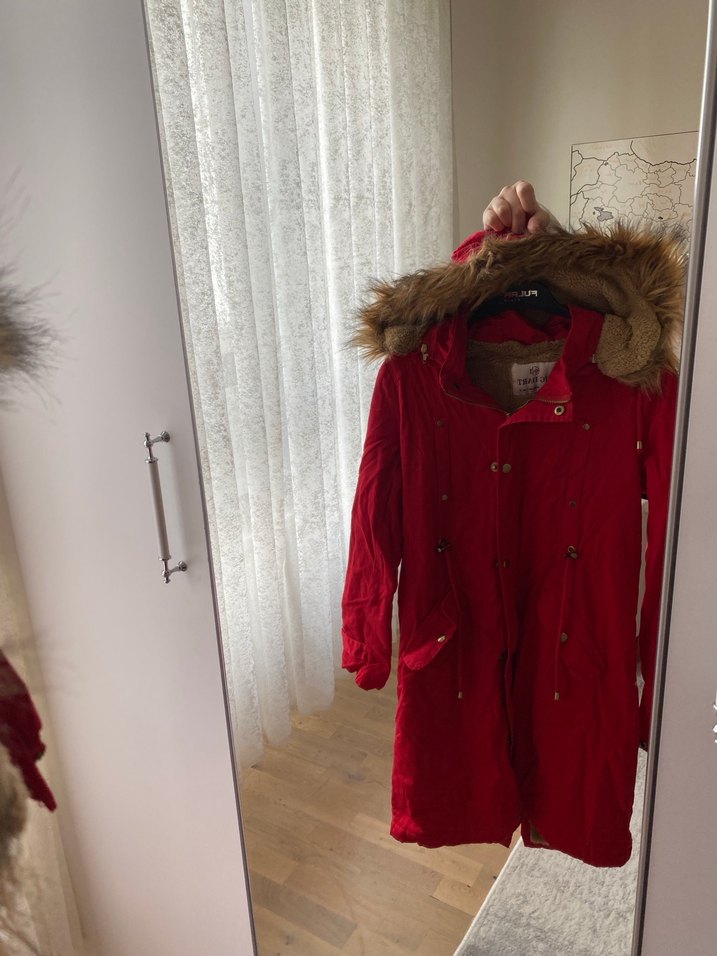 Kürk Detaylı Kırmızı Kadın Mont - Görsel 4