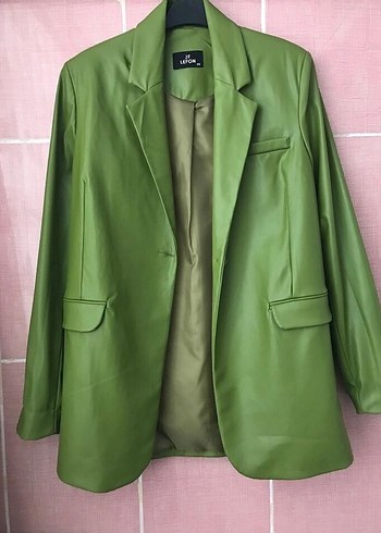 Düğmeli Yeşil Deri Kadın Blazer Ceket