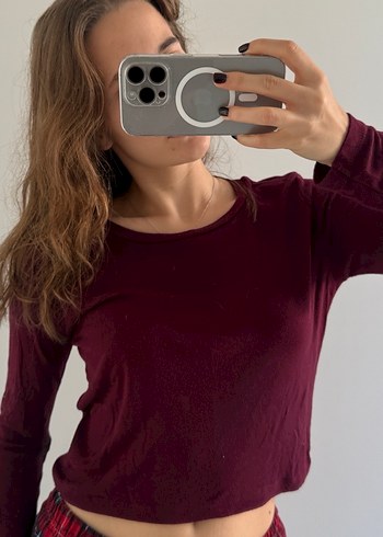 Bordo Pamuklu Uzun Kollu Crop Tişört - Görsel 4