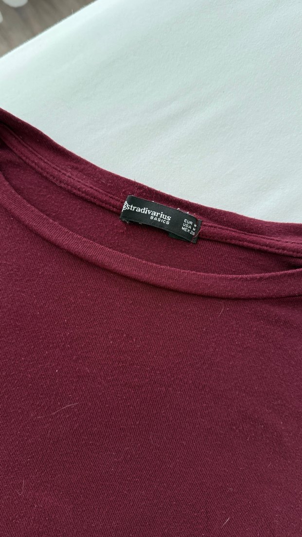 Bordo Pamuklu Uzun Kollu Crop Tişört - Görsel 3