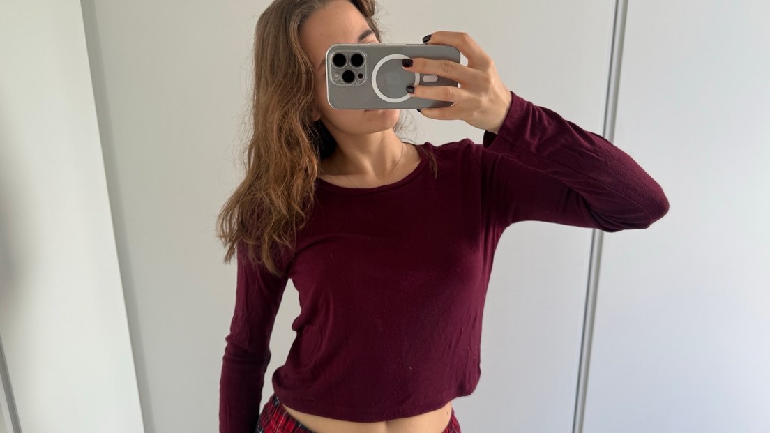 Bordo Pamuklu Uzun Kollu Crop Tişört - Görsel 4