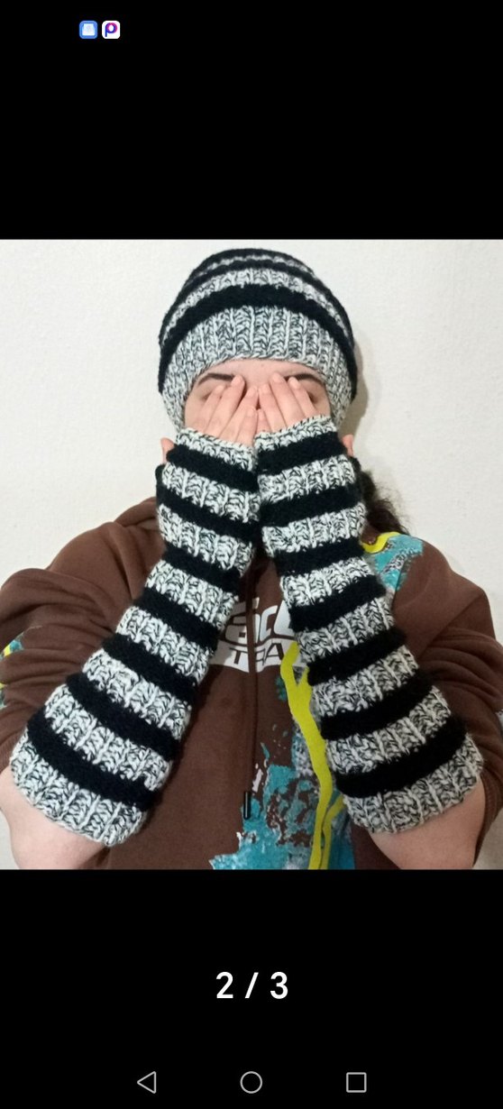 Elişi Gri Siyah Çizgili Örgü Parmaksız Eldiven-bere takım - Görsel 2