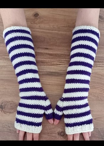 Elişi Uzun Mor Beyaz Çizgili Örgü Parmaksız Eldiven - Görsel 2