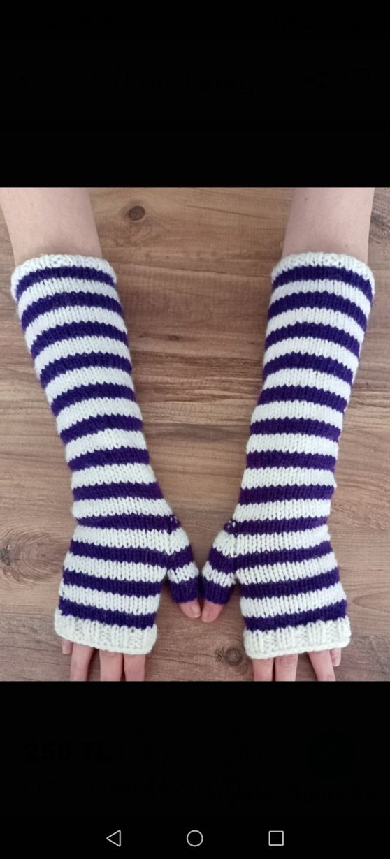 Elişi Uzun Mor Beyaz Çizgili Örgü Parmaksız Eldiven - Görsel 2