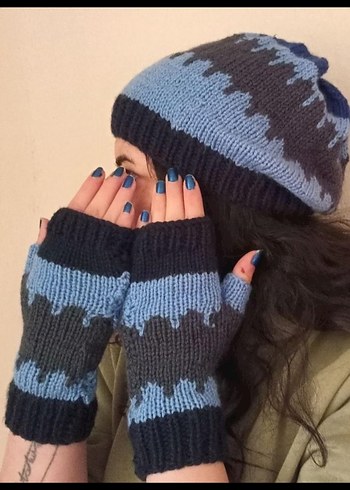 ELİŞİ Mavi Gri Örgü Parmaksız 
Kadın Eldiven-bere takım - Görsel 2