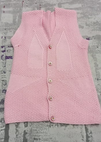 Kız Çocuk Pembe Örgü Kolsuz Süveter