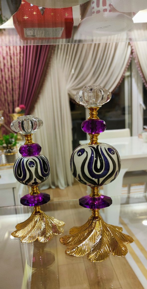 El Boyaması Çini & Kristal Tasarım İkili Obje / Mumluk Seti - Görsel 4