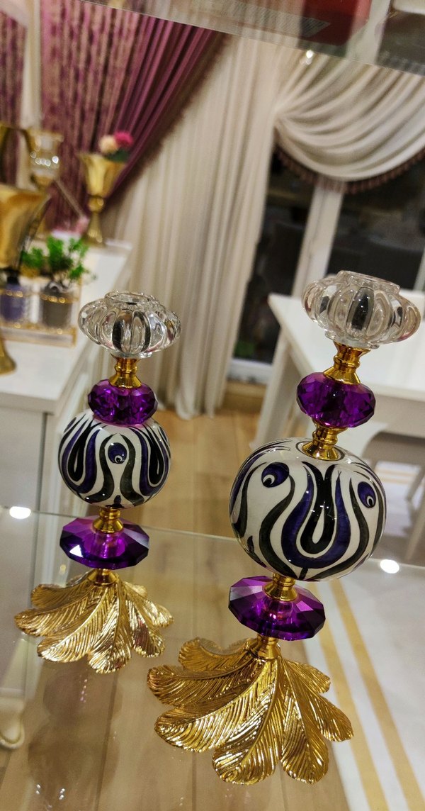 El Boyaması Çini & Kristal Tasarım İkili Obje / Mumluk Seti - Görsel 3