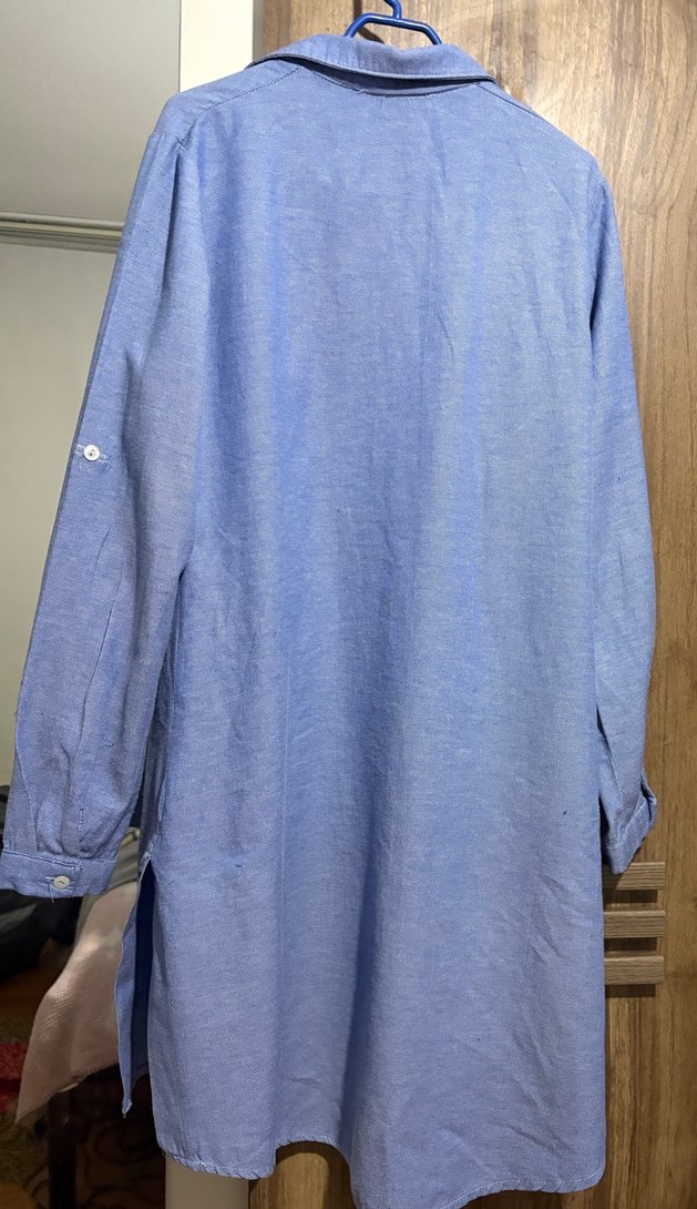 Mavi Keten Düğmeli Uzun Kollu Kadın Gömlek - Görsel 3