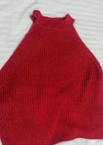 Kırmızı Örgü Yüksek Yakalı Kolsuz Triko - Görsel 2
