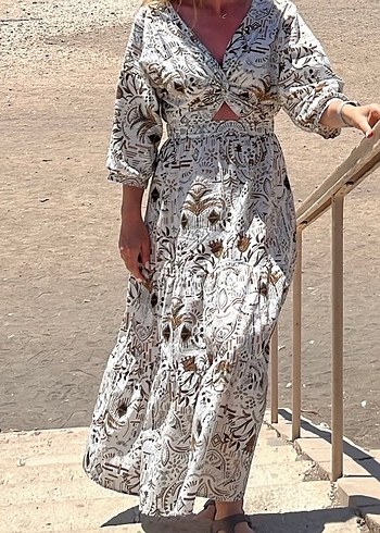 Bohem V Yaka Baskılı Pamuk Uzun Elbise - Görsel 3