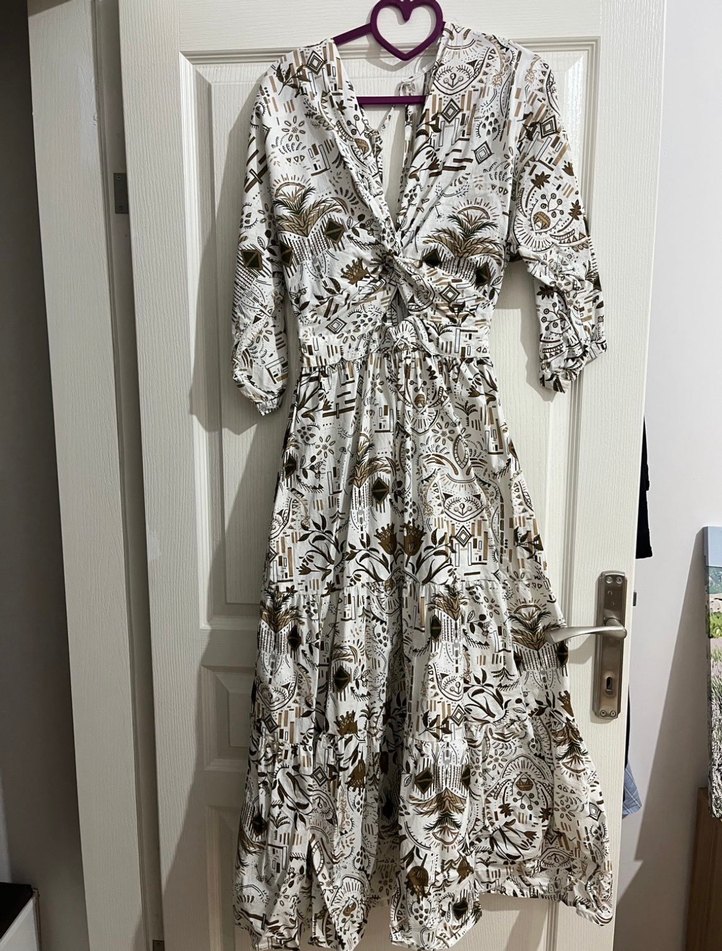 Bohem V Yaka Baskılı Pamuk Uzun Elbise - Görsel 2