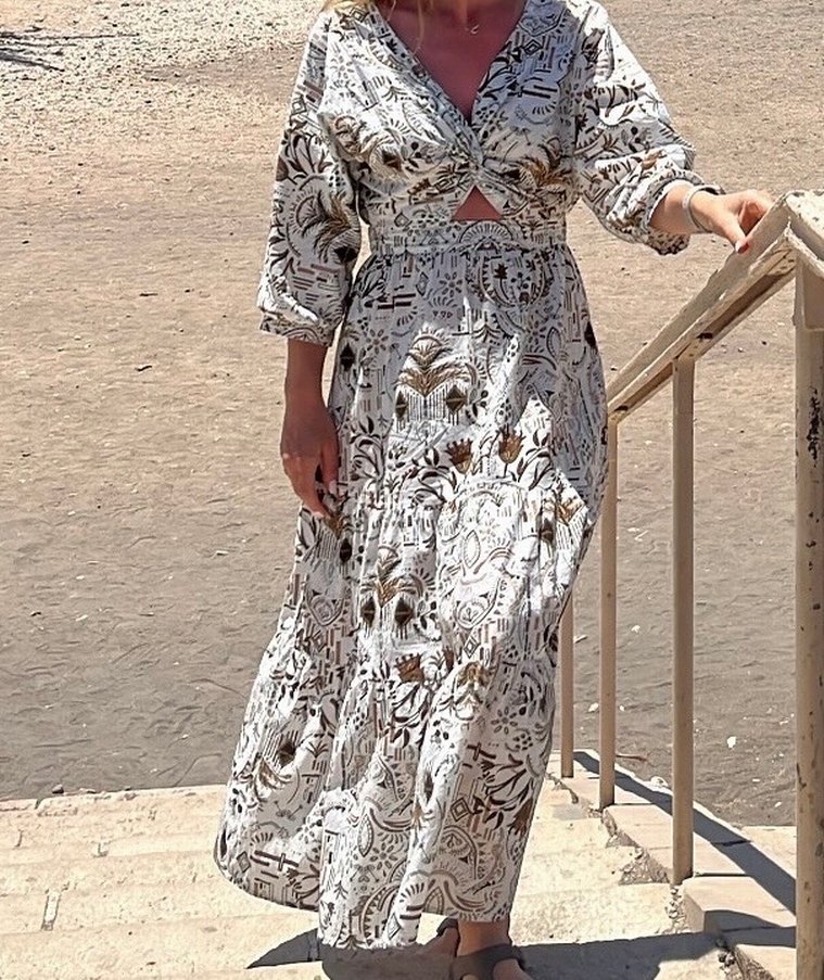 Bohem V Yaka Baskılı Pamuk Uzun Elbise - Görsel 3