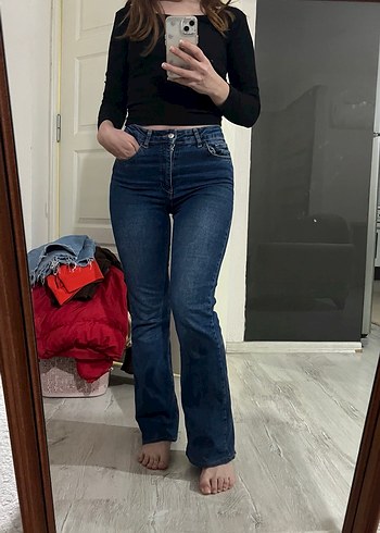 Defacto Kadın Mavi Dar Kesim ispanyol paça Denim Pantolon