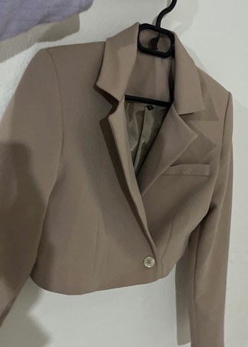 s Beden ten rengi Renk Bej Kadın Blazer Ceket, Düğmeli, Crop Boy