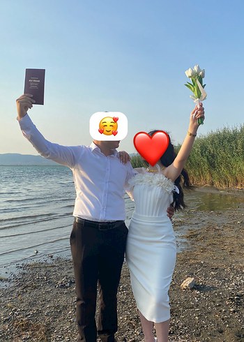 Beyaz Straplez Midi İsteme Söz Abiye - Görsel 2