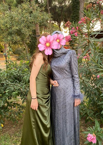 Gri  Uzun Kadın Tesettür Abiye Elbise - Görsel 2