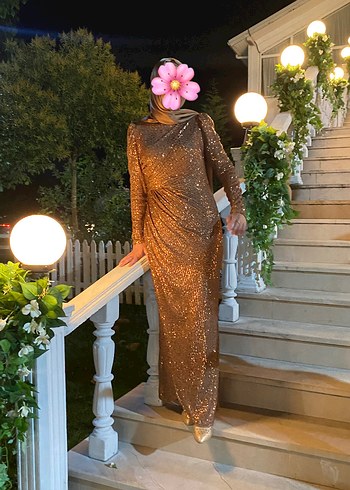 Parlak Drapeli Uzun Tesettür Abiye Elbise - Görsel 2