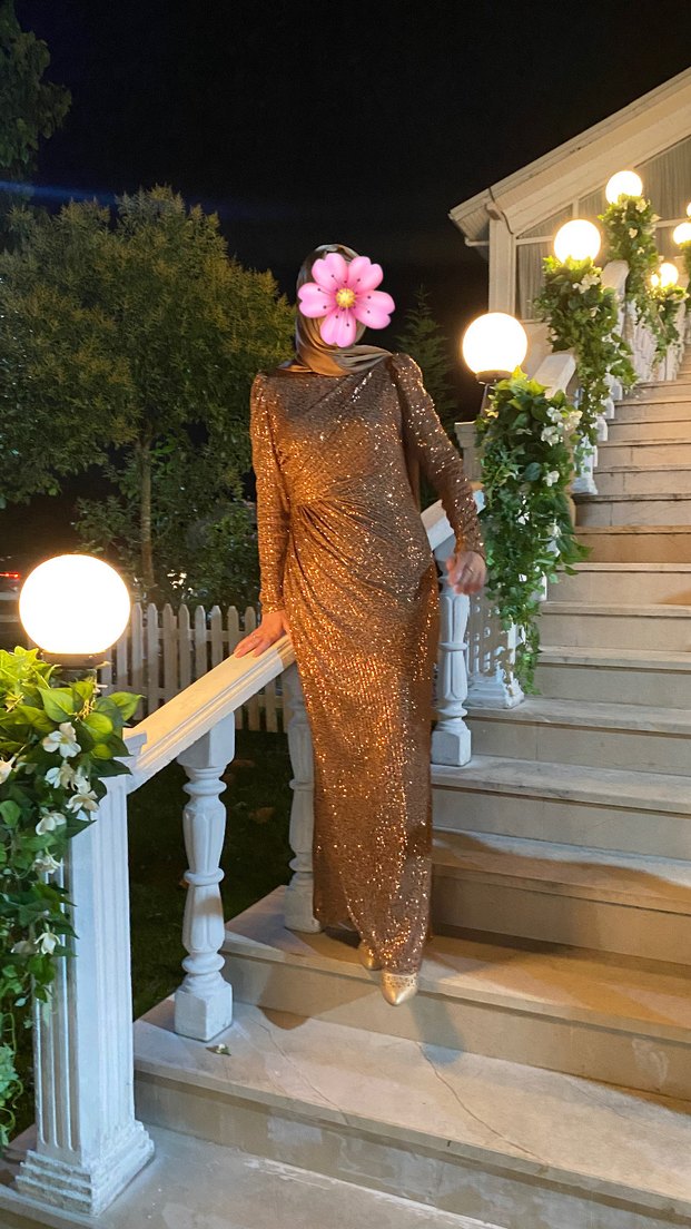 Parlak Drapeli Uzun Tesettür Abiye Elbise - Görsel 2