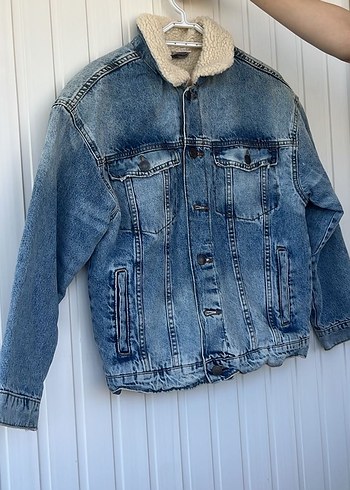 Erkek Gri Mavi Peluş Yaka Denim Ceket