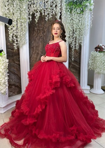 Kırmızı Straplez İşlemeli Uzun Abiye - Görsel 2