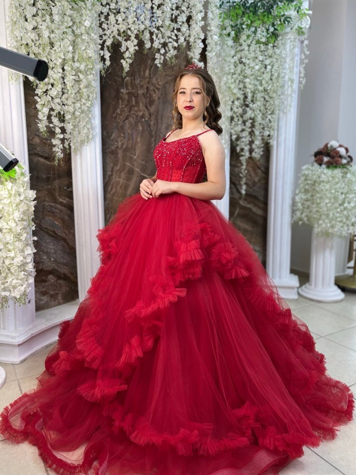 Kırmızı Straplez İşlemeli Uzun Abiye - Görsel 2