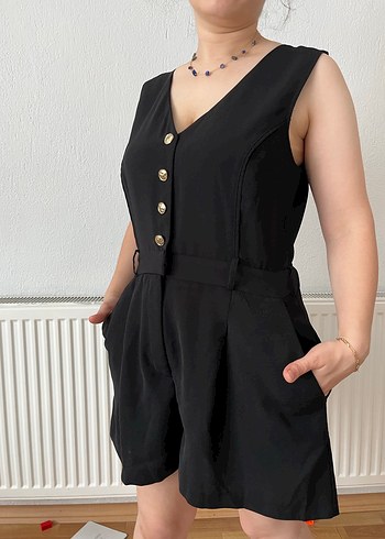 Siyah Düğmeli V Yakalı Kadın Tulum - Görsel 13