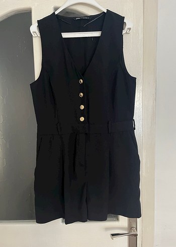 Siyah Düğmeli V Yakalı Kadın Tulum - Görsel 8