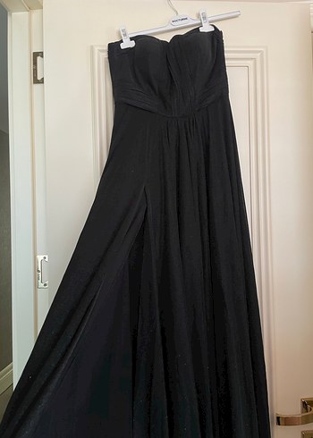 Siyah Straplez Uzun Drapeli Abiye Elbise - Görsel 5