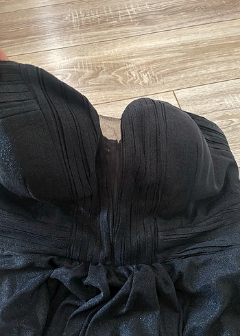 Siyah Straplez Uzun Drapeli Abiye Elbise - Görsel 3