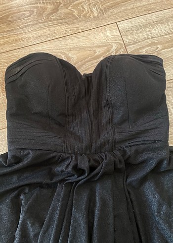 Siyah Straplez Uzun Drapeli Abiye Elbise - Görsel 2