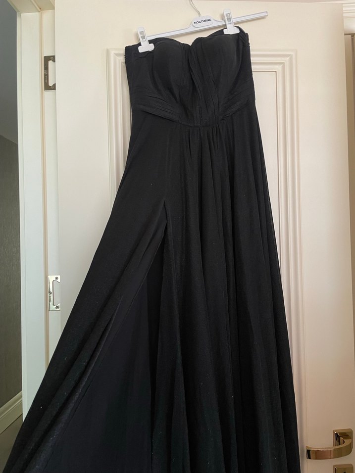 Siyah Straplez Uzun Drapeli Abiye Elbise - Görsel 5