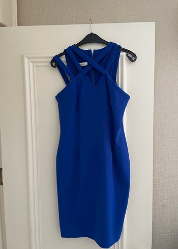 Straplez V Yaka Uzun Saks Mavi Elbise - Görsel 3