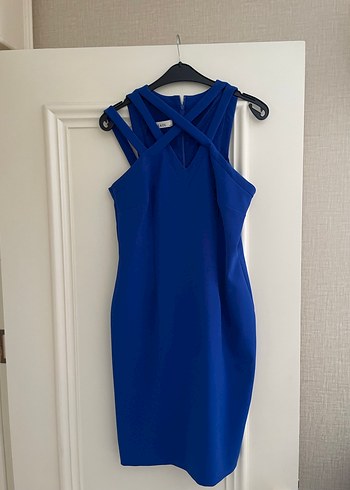 Straplez V Yaka Uzun Saks Mavi Elbise - Görsel 4