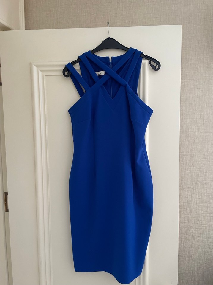 Straplez V Yaka Uzun Saks Mavi Elbise - Görsel 3