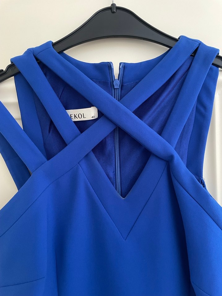 Straplez V Yaka Uzun Saks Mavi Elbise - Görsel 2